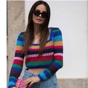 Zara Multicolor Crochet Knit Crop Top | Size M | Rainbow Striped Sweater
